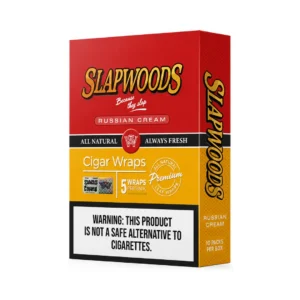 Slapwoods Cigar Wraps box in red/orange with 'Russian Cream' flavor and '5 wraps per pack' label, front view with warning label visible.