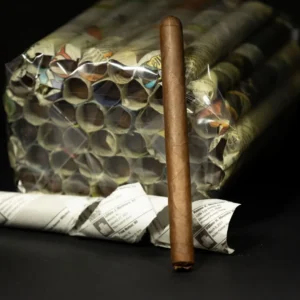 A brown cigar standing upright on a black surface with a bundle of tightly rolled newspaper tubes wrapped in plastic behind it.