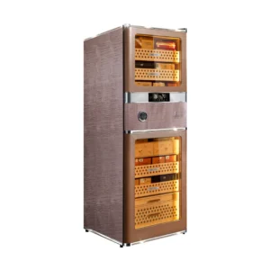 Tall brown cigar humidor cabinet with two glass doors and visible cigar boxes inside.