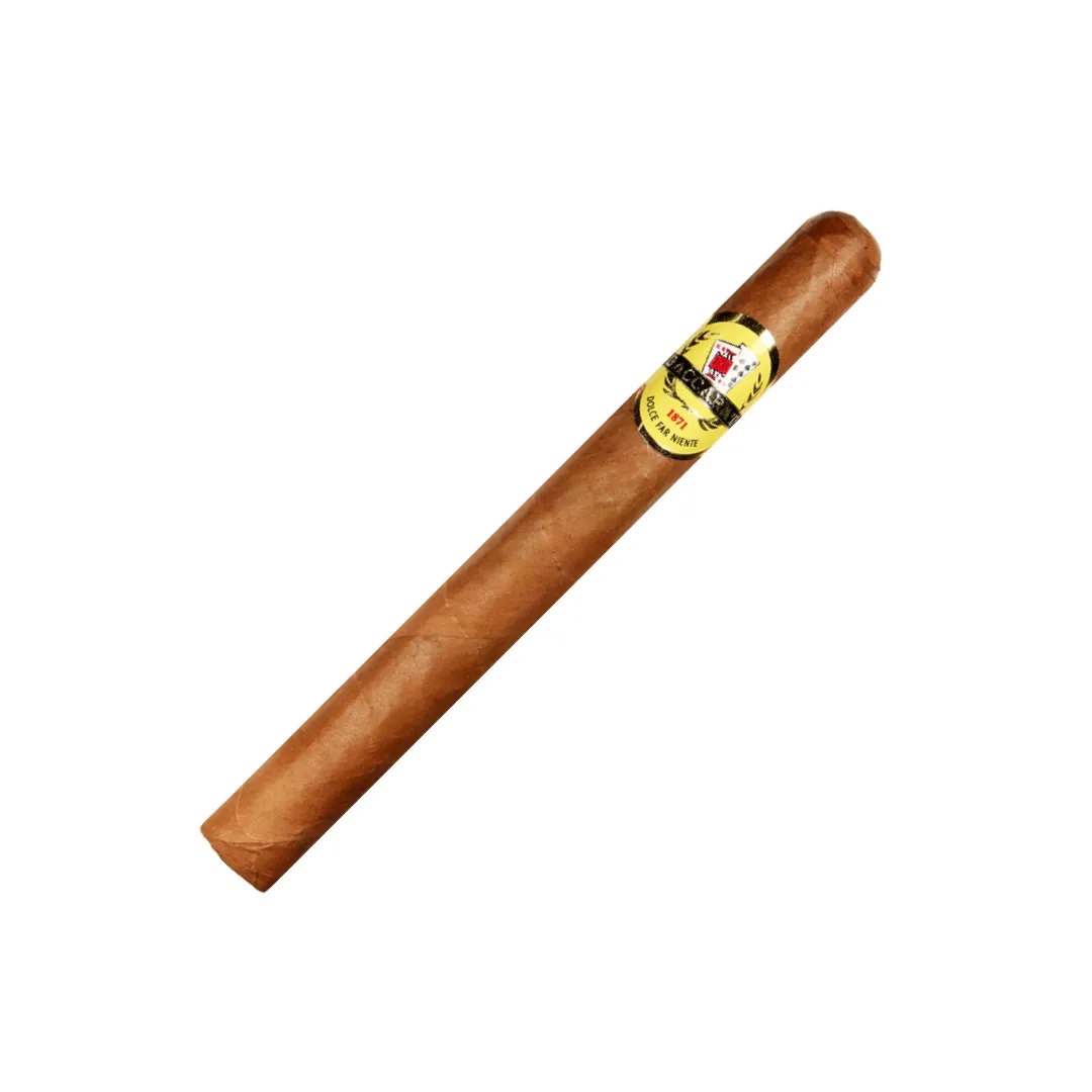 Single brown cigar with a yellow-black band wrapped around it against a white background