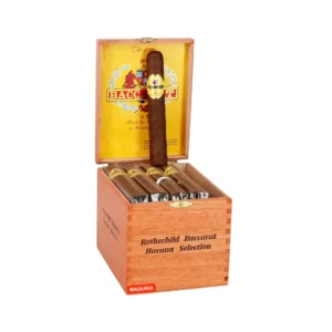 Wooden cigar humidor open with six cigars inside and a tall cigar standing upright; label reads Rothschild Baccarat Habana Selection, Maduro on the box tag