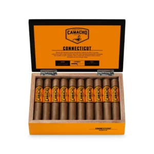 Open orange Camacho Connecticut cigar box displaying twelve cigars with orange bands lined up inside the wooden tray.