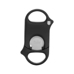 Black handheld bottle opener with circular ring grips at top and bottom, featuring a silver cap lifter in the center for removing bottle caps