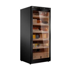 Tall black wine cooler with a glass door showing rows of wine bottles and boxes inside