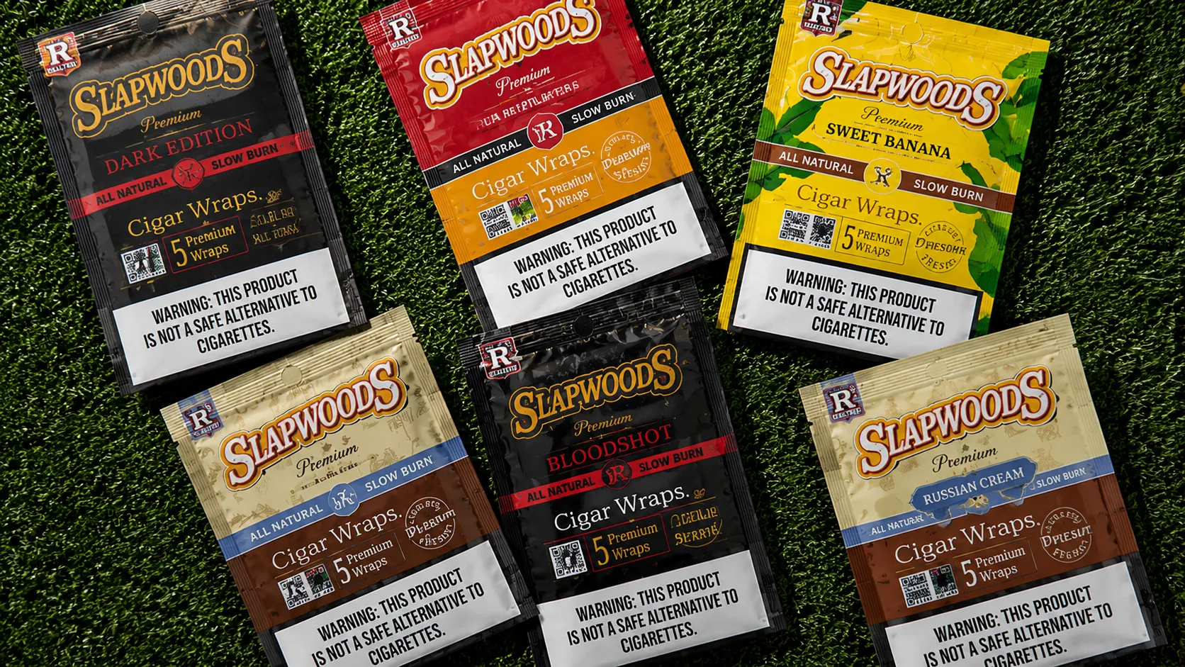 Slapwoods Wraps in Russian Cream, Natural, Bloodshot, Sweet Banana, and Dark Edition flavors