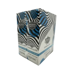 Swisher Sweets Cookies ’N Cream cigarillos, limited edition, in a black-and-blue zebra-patterned box.
