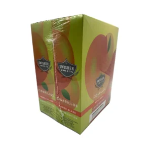 Two Swisher Sweets Mango Blaze cigarillos boxes in green packaging, wrapped in plastic.
