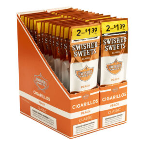 Display box of Swisher Sweets Peach cigarillos in orange-and-white packaging, showing pricing tag '2 cigars $1.39' on the bags (informational)