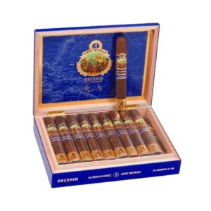 Open blue cigar box labeled 'Decenio' with 20 cigars neatly arranged and one standing upright against a map-pattern interior.