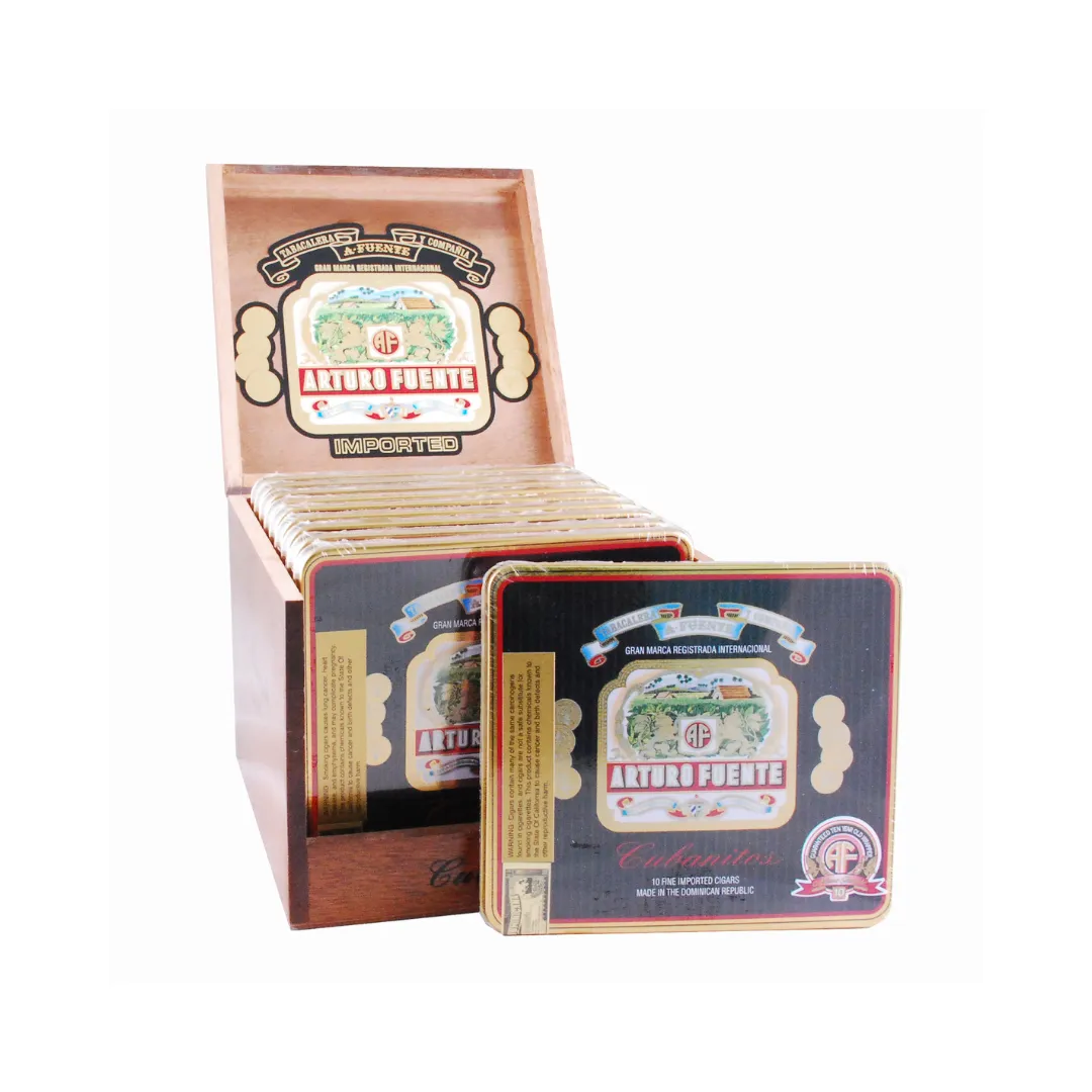 Boxed set of Arturo Fuente Cuban cigars in tin crates with decorative labels and logo art.