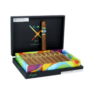 Open black cigar box with 20 cigars in a colorful tray and one standing upright inside the lid, warning label visible at top corner.