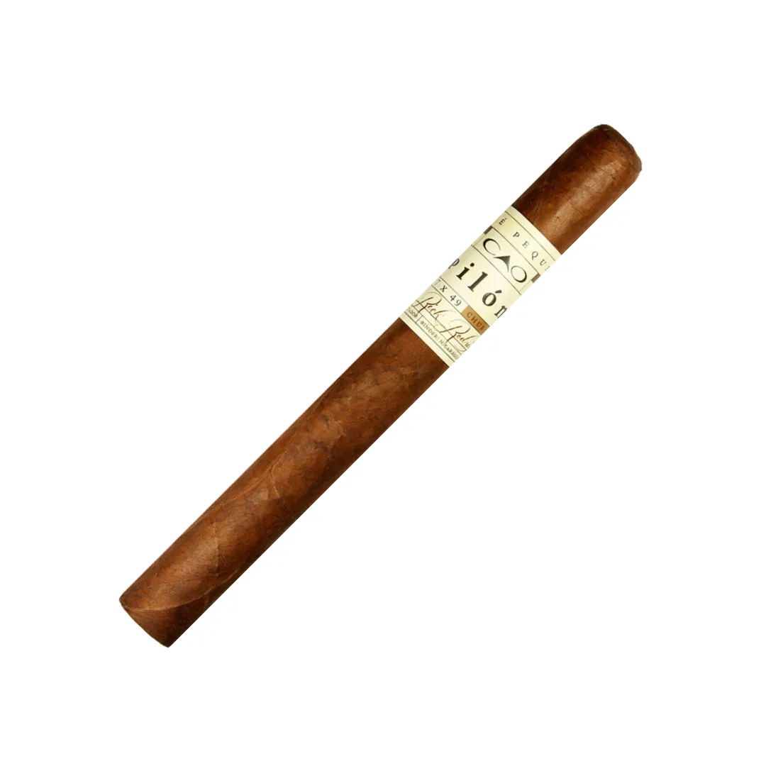 Cigar with a cream-beige label diagonally across a white background