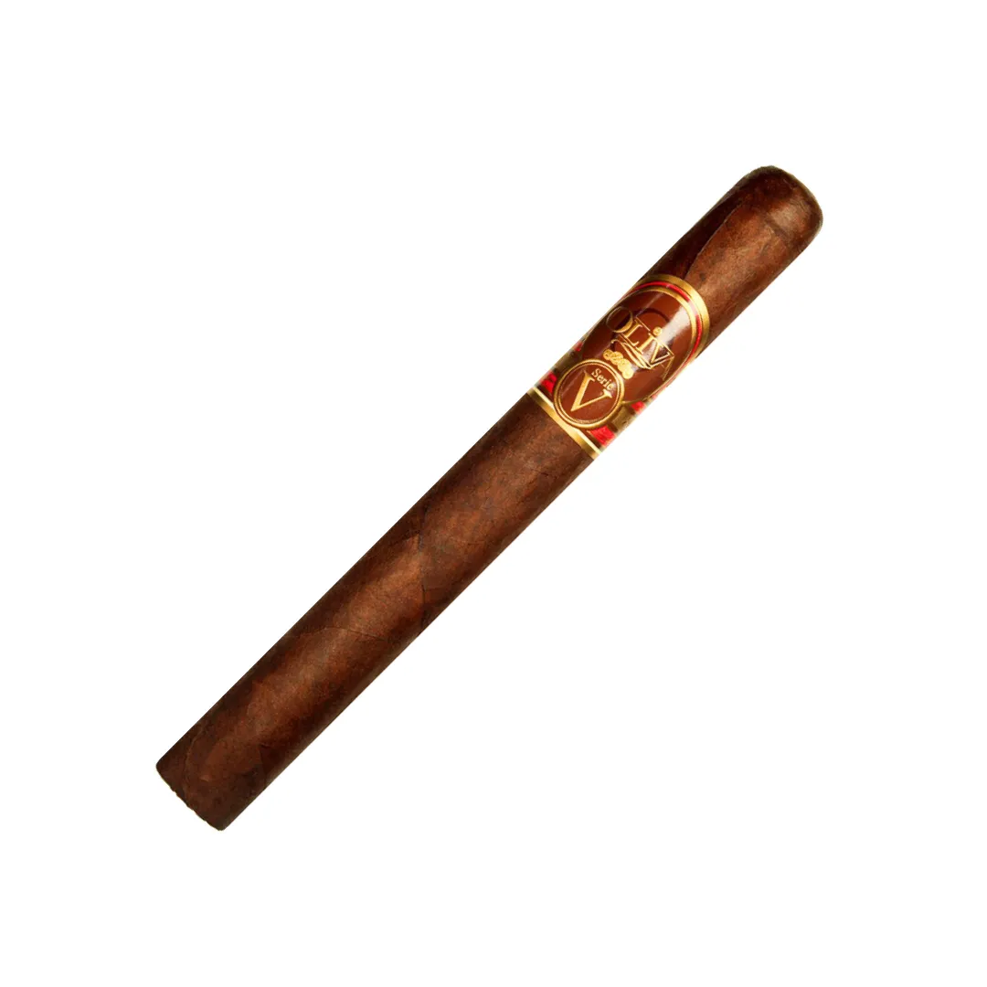 A single brown cigar with a red and gold band on a white background, angled diagonally down-left to up-right.