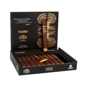 Black cigar box open with many brown cigars inside; one upright cigar rests on the box lid, labeled Plasencia Alma Fuerte, handmade in Nicaragua