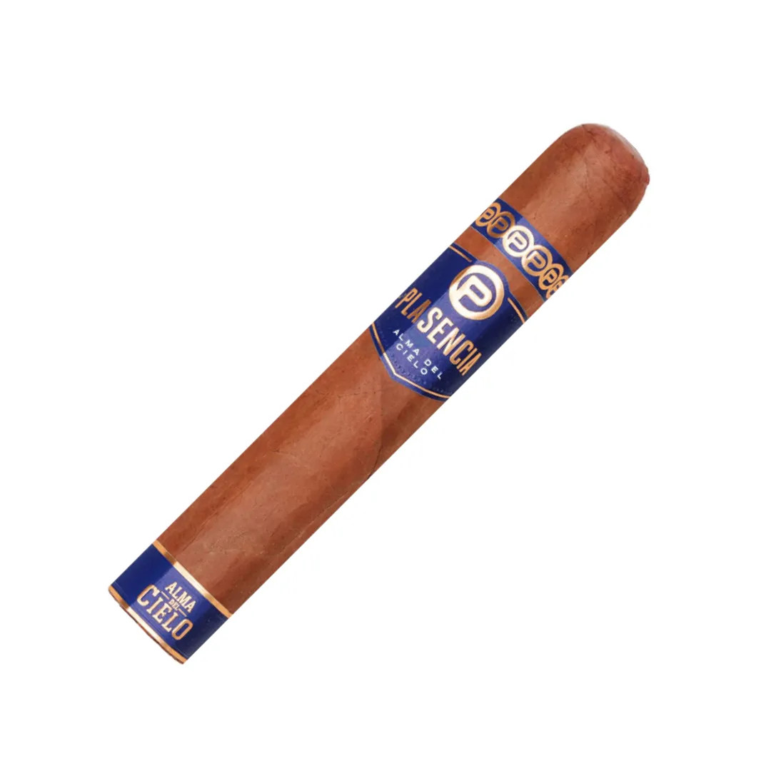 Single brown cigar with blue and gold branding bands, angled diagonally.