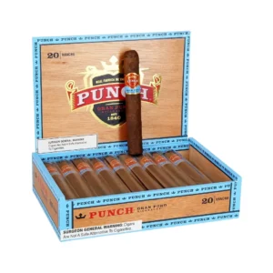 Open wooden cigar box of PUNCH Gran Puro cigars with blue branded outer box; one cigar stands upright in the center with a red band, and rows of cigars lie inside the box edge, displaying labels and warning text on the box.