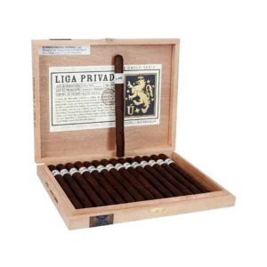 Open wooden cigar humidor with rows of brown cigars, one cigar standing upright in the center against a white background.