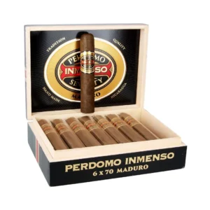 Open wooden cigar box with several cigars neatly arranged in the tray; the lid displays Perdomo Immenso Maduro branding and one cigar stands upright against it.