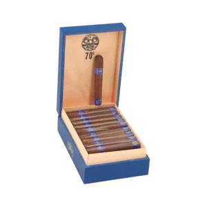 Open blue wooden cigar box with twelve cigars laid in a tray and a single cigar mounted on the back panel beneath an emblem that reads '70s'.
