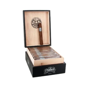 Open black-and-wood cigar box with many cigars; a single cigar rests upright near the lid, the box labeled Payback Toro