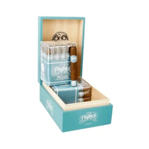 Turquoise cigar humidor-style box open to reveal multiple wrapped cigars, with one standing upright in a slot.