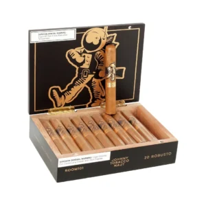 Open wooden cigar humidor displaying 20 cigars with one standing upright in the center, branded Johnny Tobacco Naut, 20 Robusto.